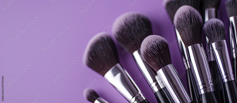 Poster high quality makeup brushes held against a purple backdrop with visible holes suitable for adding te