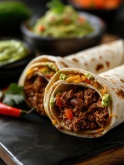 Closeup of two delicious beef burritos with guacamole and salsa.