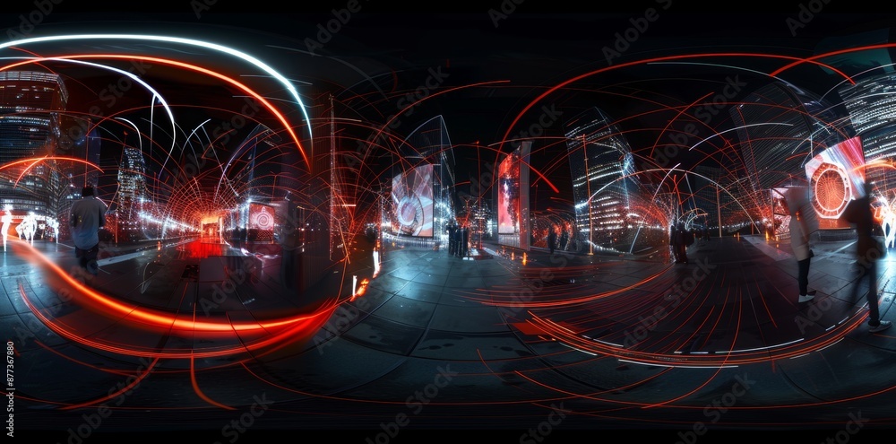 Poster view of a futuristic, 360-degree panorama of a dark hall in industrial design using a 3d rendering i