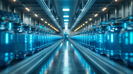 High-Tech Laboratory with Rows of Blue Lit Containers - Generative AI