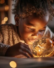Naklejka premium A young girl looks intently at a shimmering Christmas ornament, her face lit by soft holiday lights.