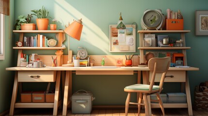 Interior of children's room with wooden table and chair. 3d render