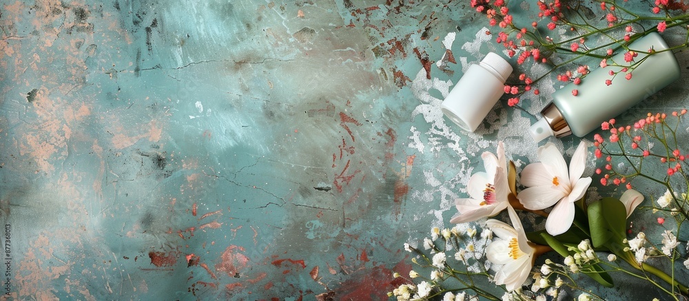 Poster grunge background with deodorants and flowers with copy space image