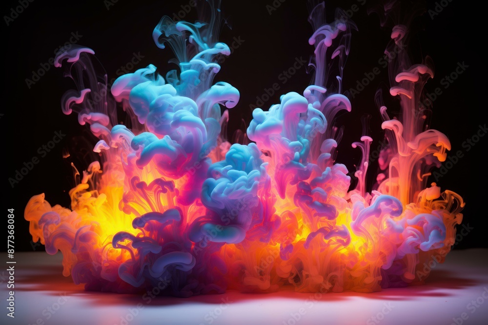 Poster artistic display of vivid blue and red ink swirling in water, creating a mesmerizing effect