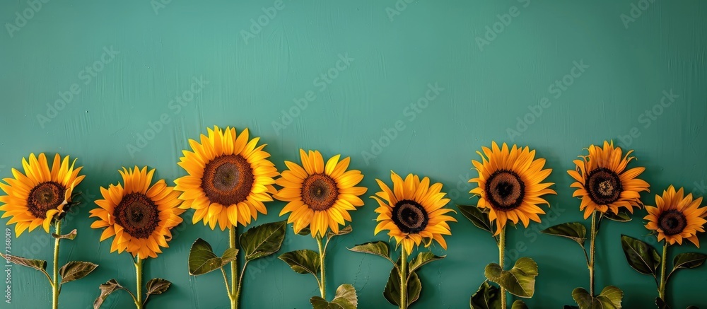 Poster sunflowers arranged in a row in front of a green backdrop for a copy space image