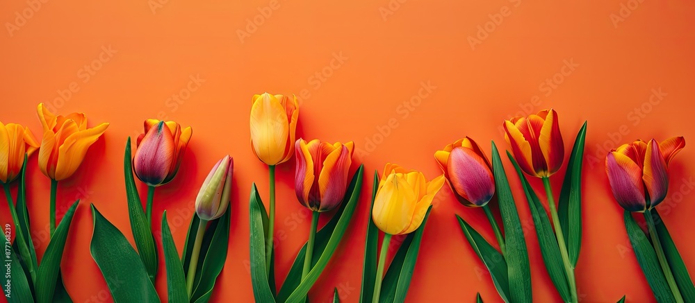 Poster top view of vibrant spring tulips on an orange background with copy space image on two sides