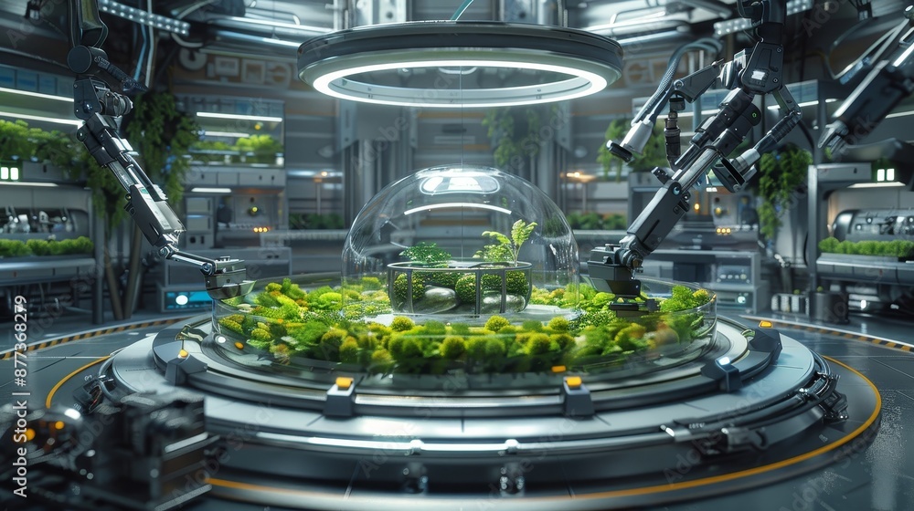 Poster a hydroponics lab on a spacecraft, managed by robots.