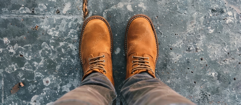 Poster top view of brown suede boots on a concrete surface with ample copy space image