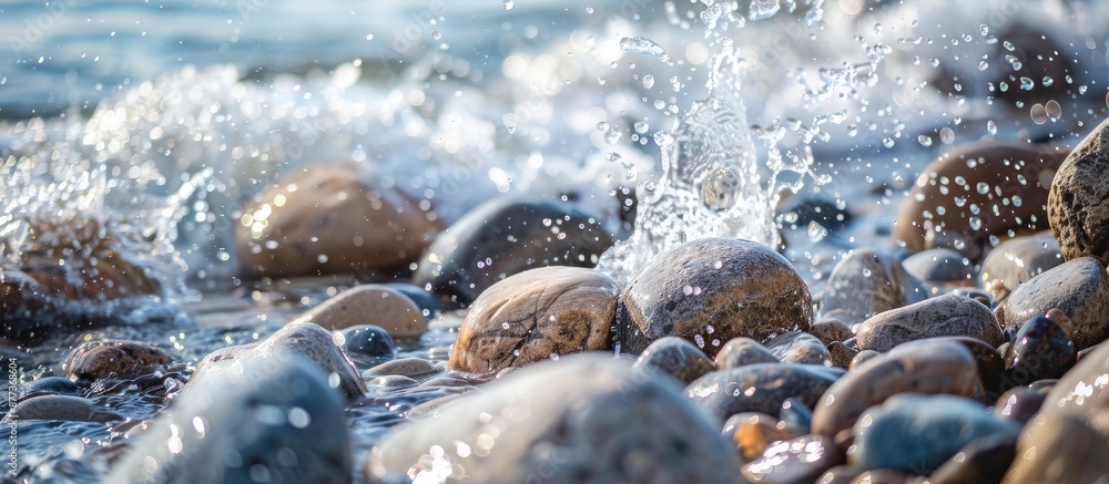 Poster waves splashing against rocks on a stony beach with a copy space image