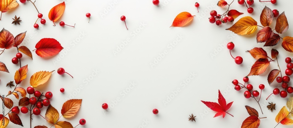 Poster colorful autumn leaves and red berries arranged on a white background to create a flat lay frame wit