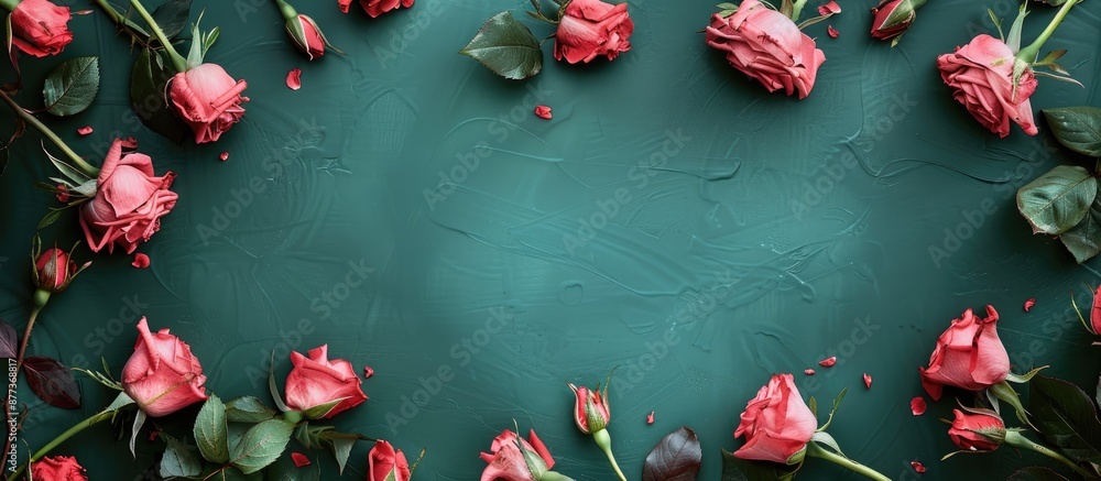 Aufkleber valentine s day floral arrangement with a pink rose frame on a green backdrop perfect for flat lay p