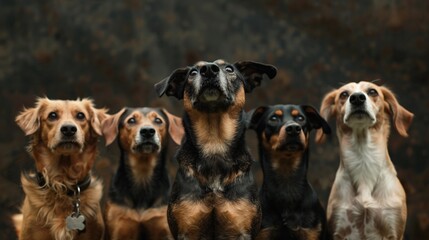 Group of dogs is looking up