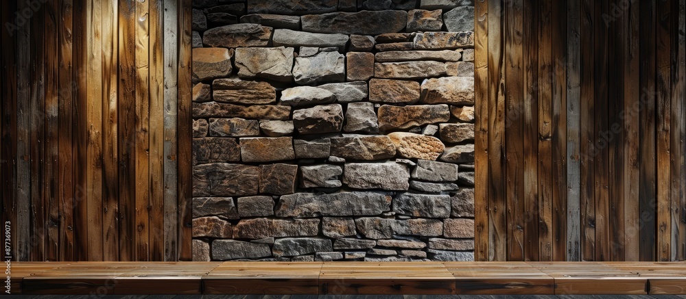 Poster a stone wall against a wooden backdrop with a wood wall creating ample space for product placement w