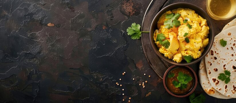 Scrambled eggs Akuri in Indian style served with paratha dahl and iced tea all arranged neatly for a photo with empty space. Copy space image. Place for adding text and design