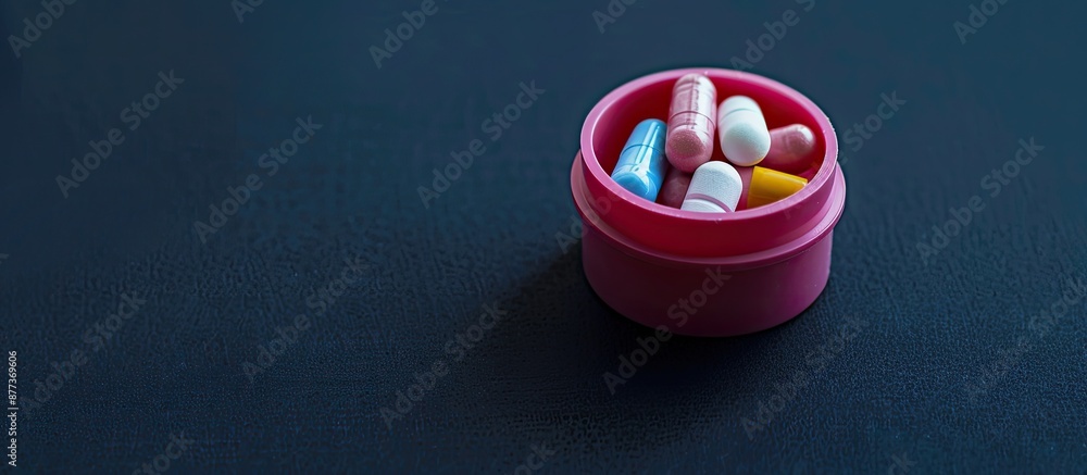 Poster macro photograph of a pink pillbox filled with capsules and tablets set on a dark surface representi
