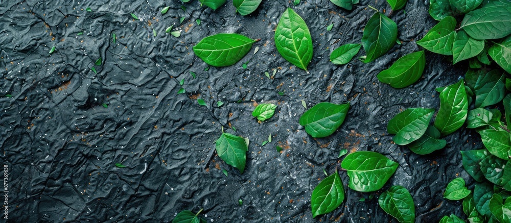Poster top view of green leaves on a paved surface with a flat lay style and copy space image available