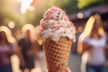 Close-up of a melting ice cream cone with vibrant sprinkles and a blurred background of people enjoying outdoor activities