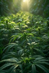 Obraz premium Close-up of large marijuana plants in a sunlit greenhouse