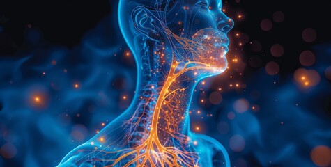 Digital illustration of human anatomy highlighting the nervous system with glowing neural pathways