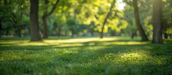 Fototapeta premium Sunlight filters through the trees in a blurred green park setting ideal for summer or spring backgrounds with a copy space image to showcase products