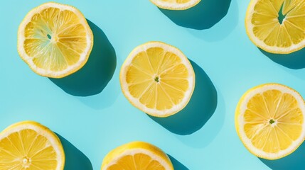 Lemon slices on a blue backdrop with natural light