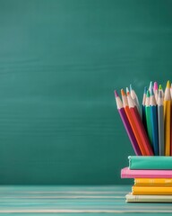 Colorful pencils on a stack of books in front of a green chalkboard.