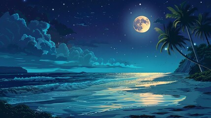 A beautiful tropical beach at night, moonlit waves, starry sky, palm trees swaying gently, serene and tranquil, high contrast, digital painting