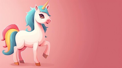 A beautiful unicorn with a pink body, blue mane, and yellow tail, standing on a pink background, happy expression, whimsical and vibrant, fantasy illustration