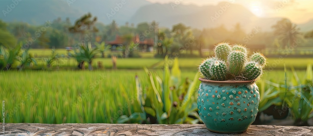 Poster cactus pot by a tranquil rice field with serene background and copy space image