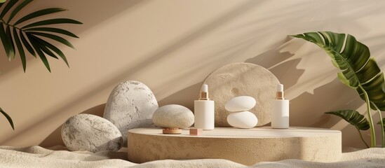 Nature themed podium displaying cosmetic products against a backdrop featuring rocks leaves and a brown beige color scheme perfect for product presentations with copy space image