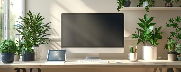 Fototapeta premium A modern workspace with a computer, tablet, and plants, minimalist design, Photorealistic, Bright lighting, High detail
