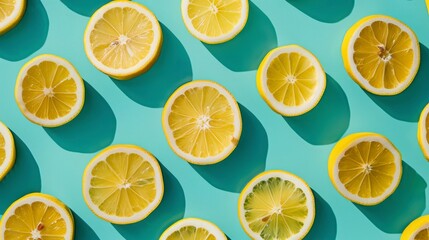 Obraz premium Lemon slices arranged in a diagonal pattern on a turquoise surface