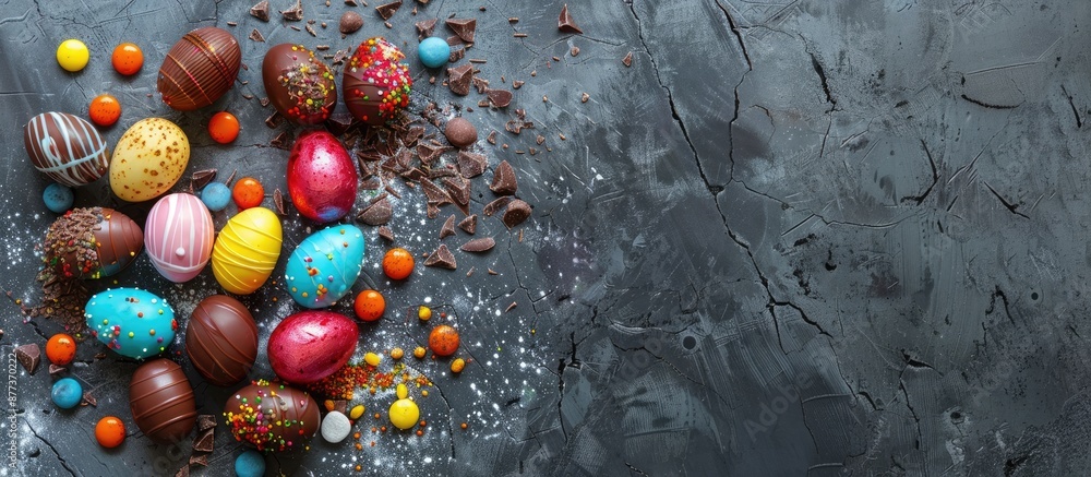 Poster colorful chocolate eggs some broken mixed with sweets on a dark marble perfect easter image with spa