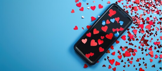 A contemporary black smartphone adorned with red and blue Valentine hearts on colorful paper viewed from above with blue background and copy space image Holiday communication theme