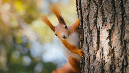 Curious red squirrel peeking behind the tree trunk