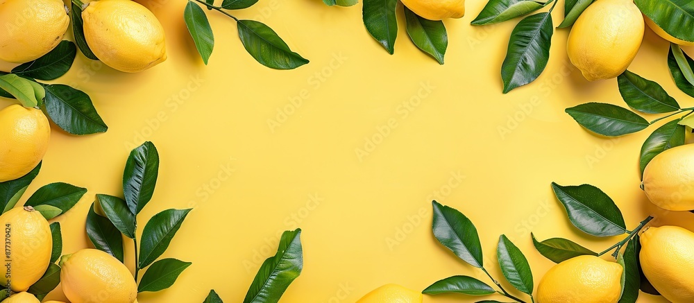 Poster top view copy space image featuring lemons and leaves on a yellow background in a fruit themed frame