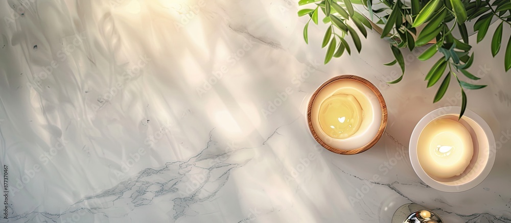Poster modern work desk with a plant candle on a white marble background seen from above providing space fo
