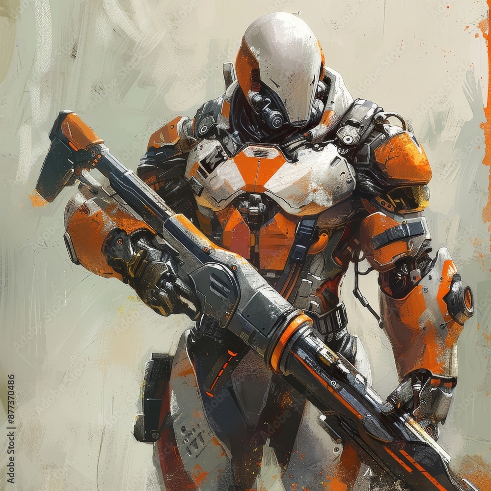 Poster a sci-fi mech soldier on a dark background. a military futuristic robot warrior. robot mech with ora
