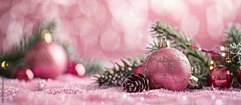 Poster holiday backdrop featuring pink christmas decorations and a blank space for text or images. copy spa