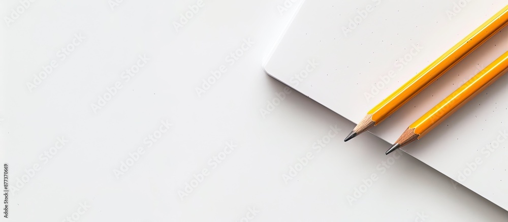 Poster notebook and pencil on a white backdrop with copy space image available