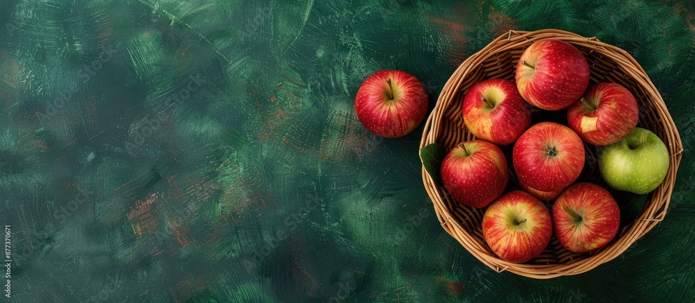 Poster top view of a basket with fresh apples on a green background allowing for copy space image