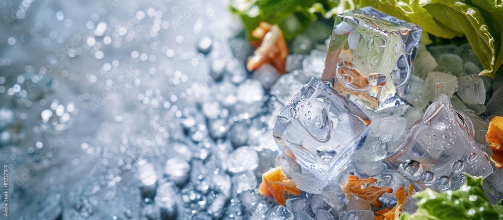 Poster top down view of a transparent artificial ice cube concept on a food themed background with space fo