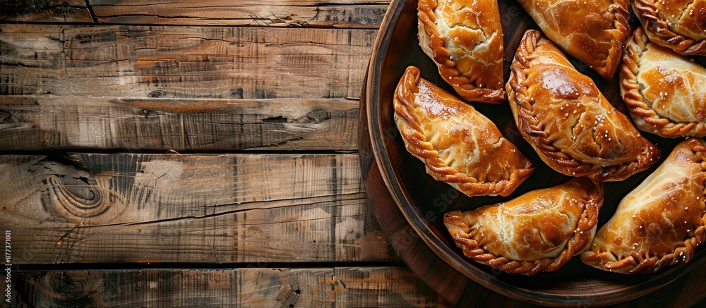 Poster A rustic top view copy space image of empanadas a savory meat pie as a delicious stuffed meal or snack on a table background