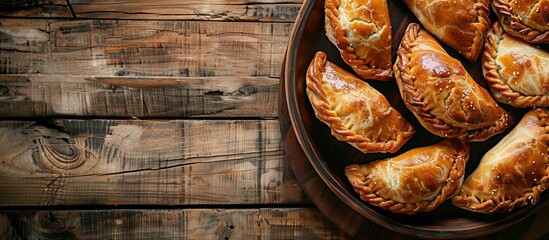 A rustic top view copy space image of empanadas a savory meat pie as a delicious stuffed meal or snack on a table background