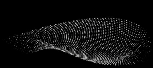 A dynamic illustration of particle waves, depicted with dots and lines in a halftone gradient, creates fluid dot curves set against a black background, perfect for technology, sound, music, and more.