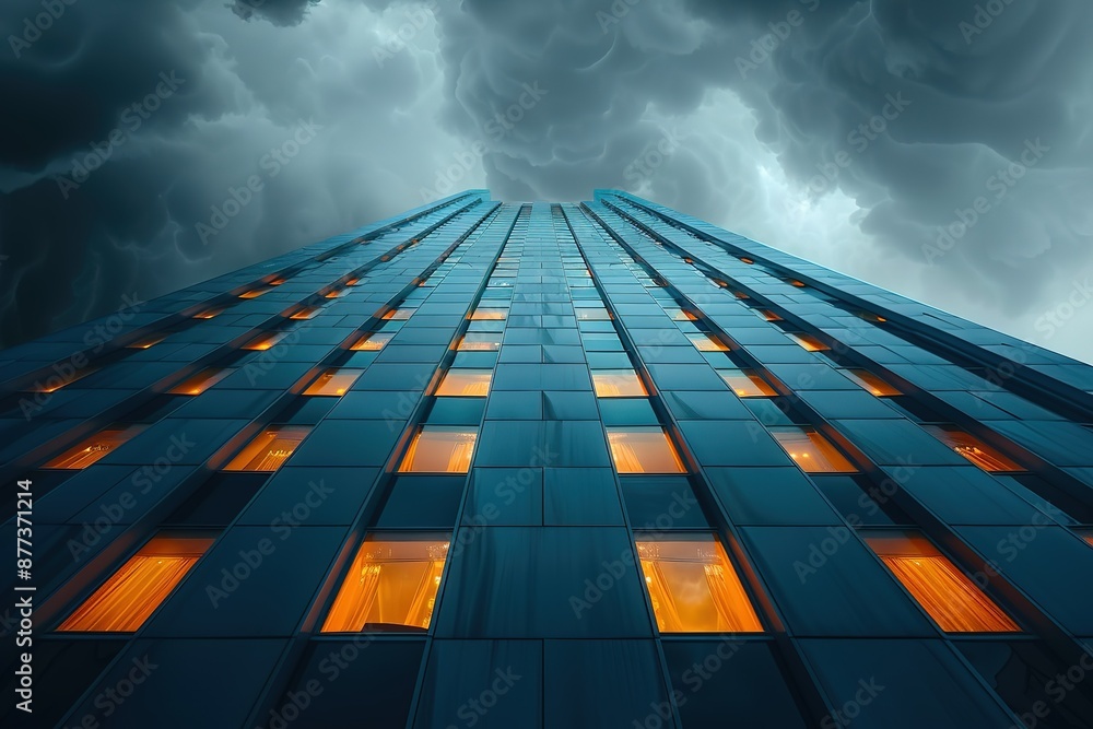 Poster a tall building with many windows and a cloudy sky in the background
