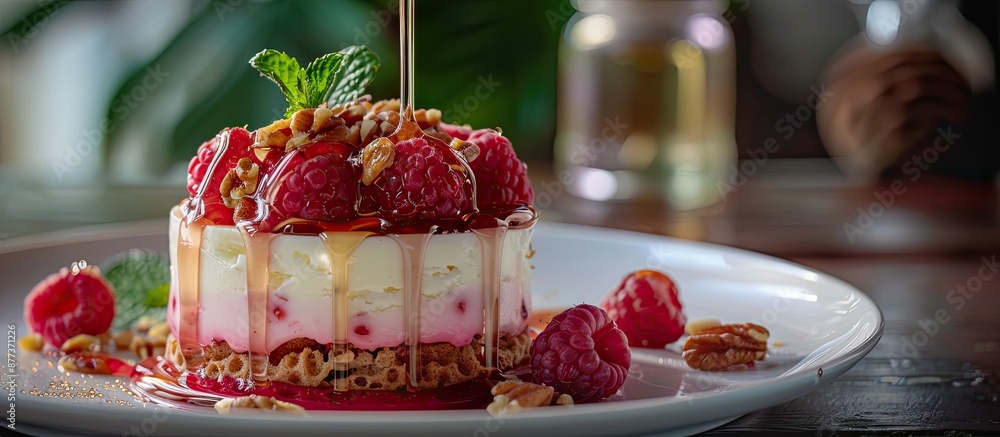 Aufkleber raspberry cake topped with nuts and a drizzle of honey perfect for enticing food photography with am