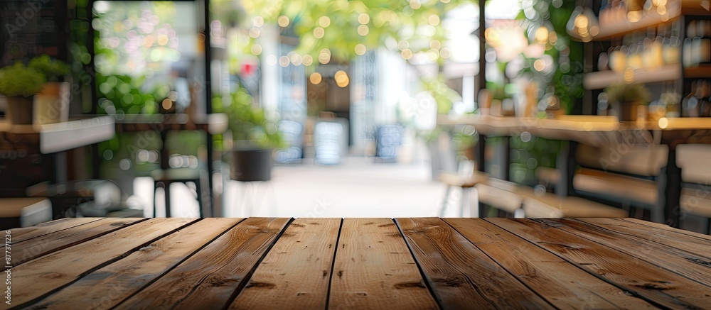 Poster focused on an empty brown wooden table with a blurred coffee shop background and bokeh for showcasin