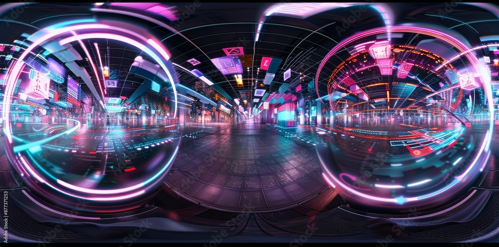 Poster animated 360-degree full panorama digital image of futuristic computer surface environment studio 3d