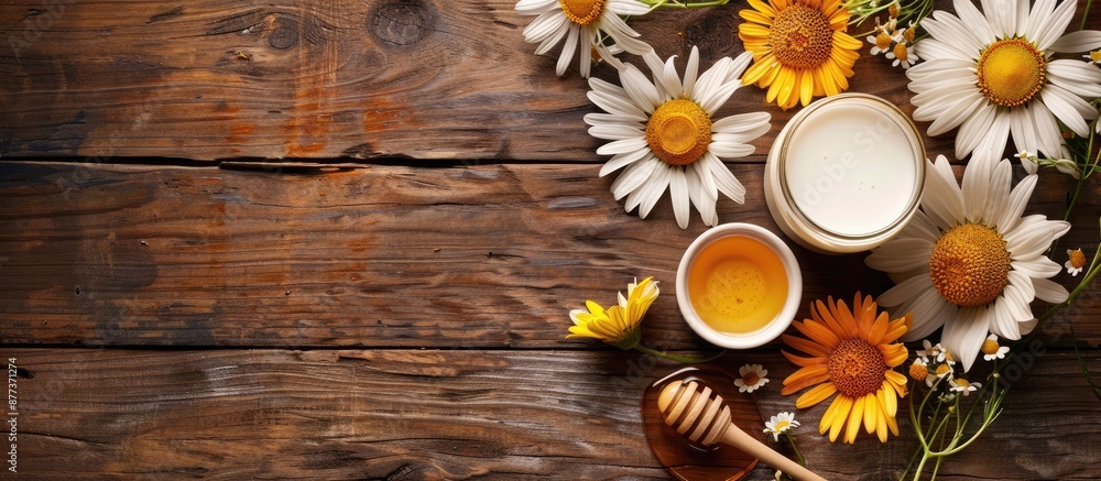 Poster table adorned with a picturesque arrangement of milk and honey creating a captivating copy space ima